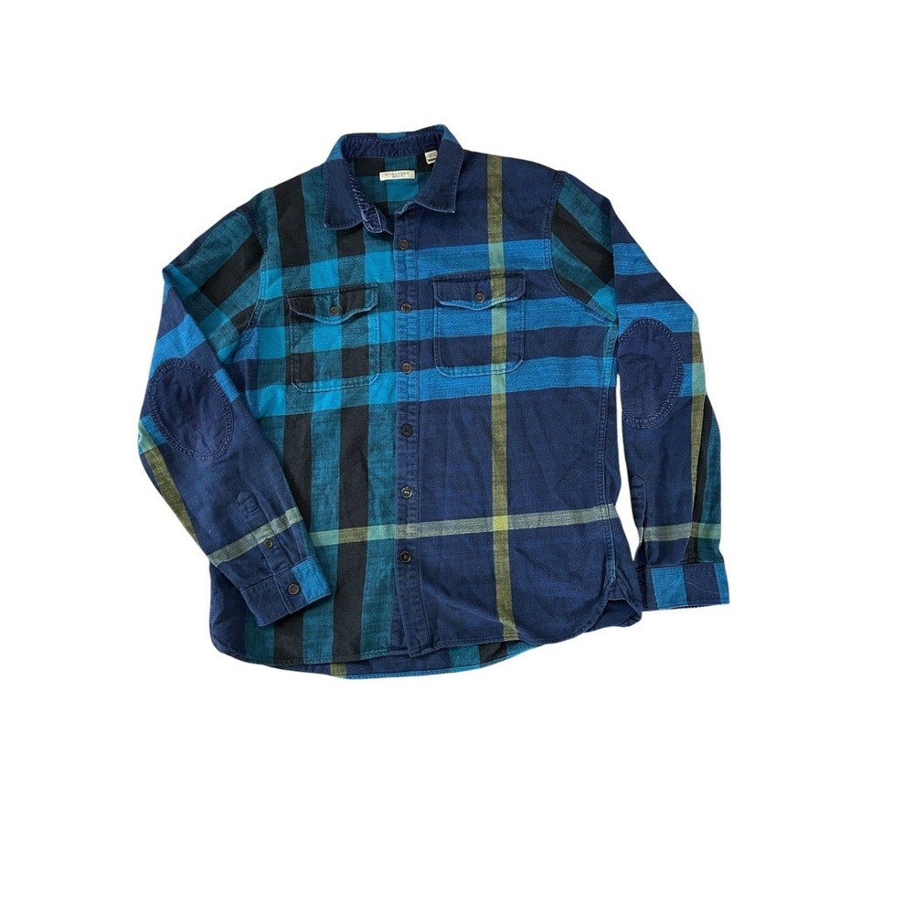 Burberry Brit Men's XL Blue Plaid Flannel Shirt Elbow Patch Long Sleeve Cotton